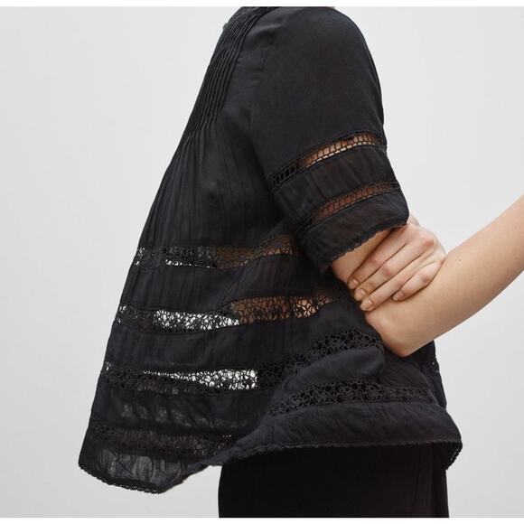 Aritzia Wilfred Beaudry Top XS Black Pintuck Pleated Crochet Peasant Blouse Chic - Picture 5 of 11